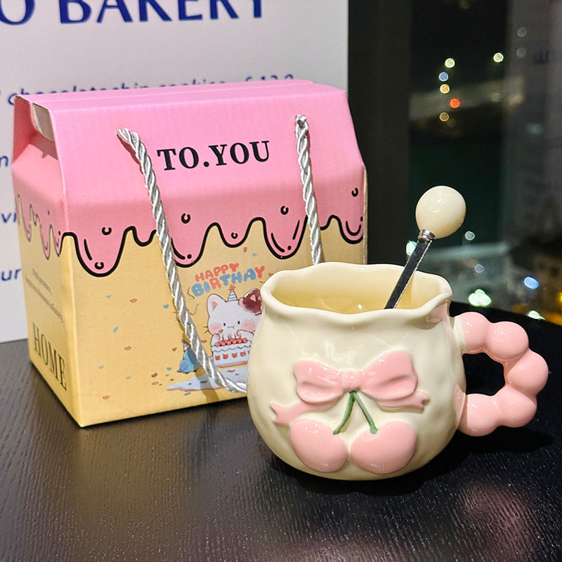 Charming Cherry Ceramic Mug with Underglaze Color, Embossed 3D Design - Unique Water Cup for Birthdays and Special Occasions