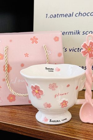 Cherry Blossom Ceramic Mug with Spoon - Aesthetic Coffee Cup  - Cute Everyday Outfits