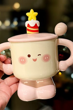 Cute Cake-shaped Ceramic Mug with Lid and Spoon - Stylish Gift for  - Birthday Outfit