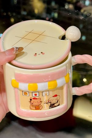 Cute Cat Ceramic Mug with Lid - Adorable Coffee Cup for G - Fall Clothing Trends 2025