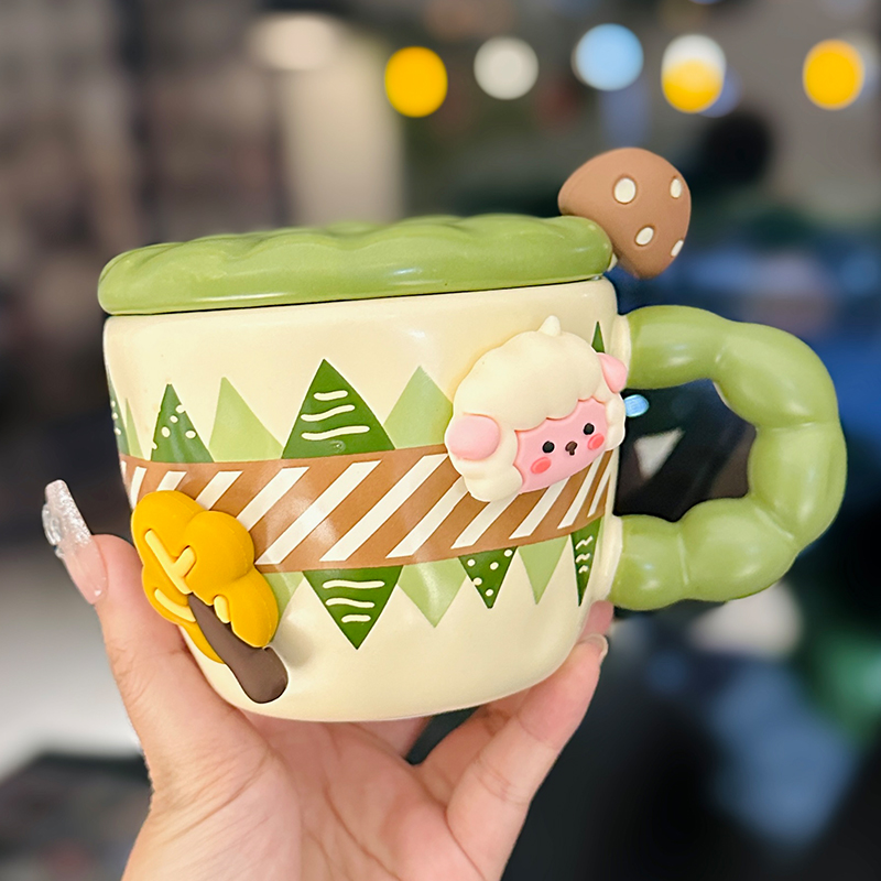Cute Little Sheep Ceramic Mug with Lid and Spoon - Creative Niche Coffee Mug for Girls, Perfect for Home and Office Use