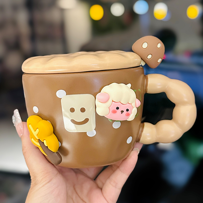 Cute Little Sheep Ceramic Mug with Lid and Spoon - Creative Niche Coffee Mug for Girls, Perfect for Home and Office Use