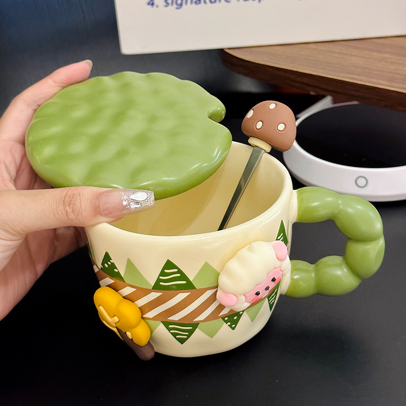 Cute Little Sheep Ceramic Mug with Lid and Spoon - Creative Niche Coffee Mug for Girls, Perfect for Home and Office Use