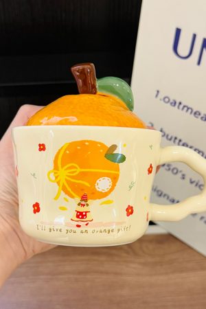 High Aesthetic Orange Ceramic Mug with Lid and Spoon - Perfect Bir - Graduation Dress