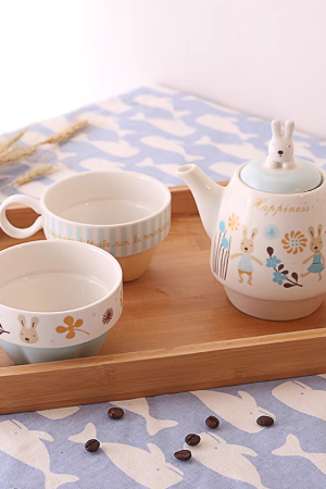 Japanese-style Sugar Rabbit Ceramic Teapot Set with 2 Teacups - Cute Everyday Outfits