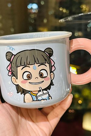 Nezha Magic Child Ceramic Mug with Lid - Cute Girls Coffee Cup for  - Birthday Outfit