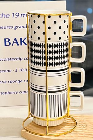 Retro Black and White Ceramic Hepburn Stacking Mug Set with  - Easy Halloween Costume