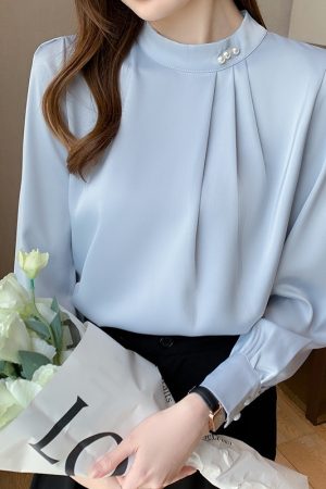 Satin Shirt Women Long Sleeve Beaded Solid Color Loose