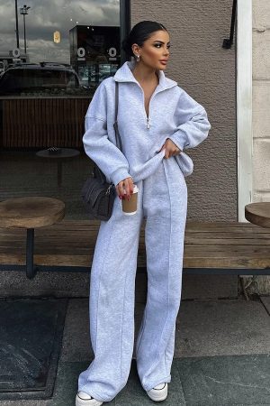 Casual Women's Fashion Half-zip Hoodie And Pants Two-piece Set Loose Casual Autumn And Winter Outfit