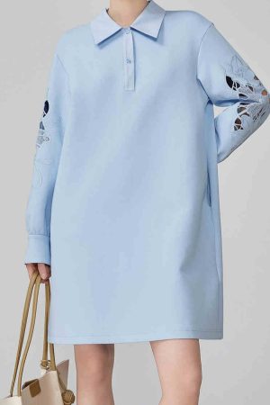 Loose Blue Embroidered Hollow Shirt Dress