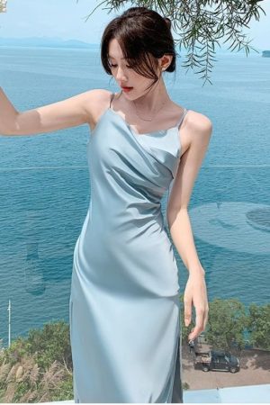 French Style Blue Sling Dress Women's Summer Satin