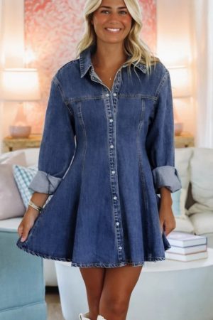 Ashleigh Blue Denim Shirt Collar Long Sleeve Flared Mini Dress