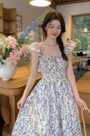 Blue Floral Slip Dress Flying Sleeve Vacation Dress