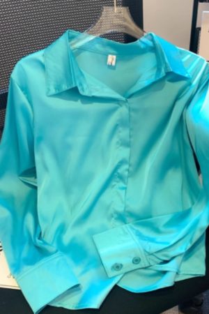 Women's Lapel Satin Draping Heavy Blue Shirt