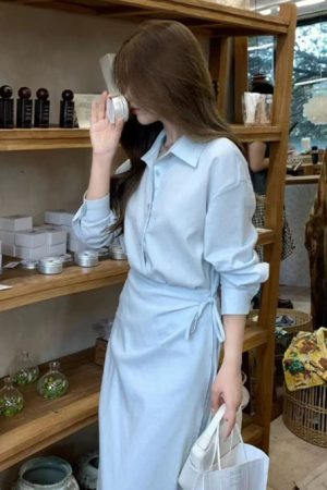 Womens Blue Cinched Waist Lace-Up Shirt Dress