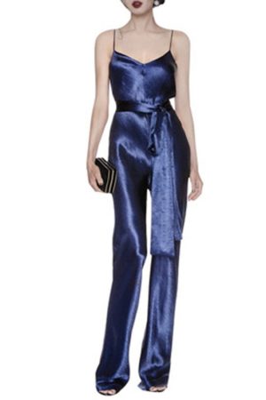 High-waisted Satin Blue Suspender Jumpsuit