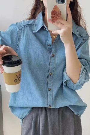 Blue Denim Shirt Jacket Women's Small Long-sleeved Top