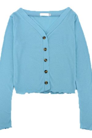 Blue V-Neck Curled Trim Top Spring T-Shirt Small Jacket Women