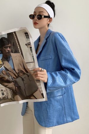 Thick Loose Shoulder Pad Blue Leather Jacket