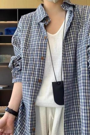 Arrival Loose-fit Blue Plaid Long-sleeve Sun-protective Shirt