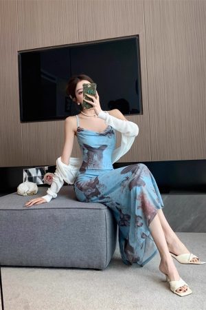 French-style Blue Butterfly Beach Vacation Dress For Women