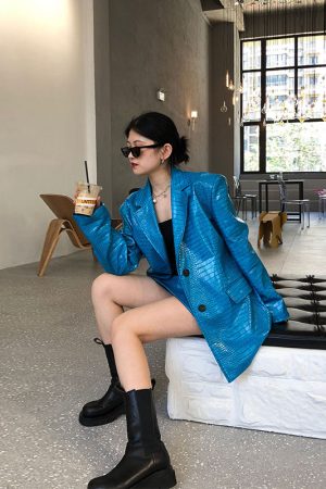 Korean blue  pattern loose shoulder leather jacket