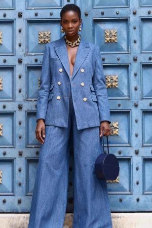 Womens Solid-Color Metal-Button Fashion Suit Pants Set