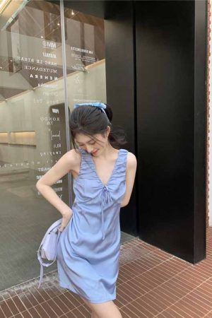 Satin Blue Big V-neck Suspender Skirt Women