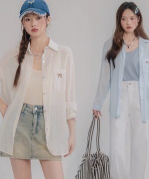 Blue Bow Embroidered Shirt Jacket Thin Top For Women