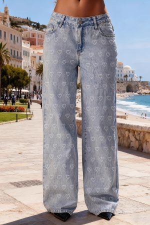 Womens Blue Straight Jeans With A Sweet Rhinestone Design