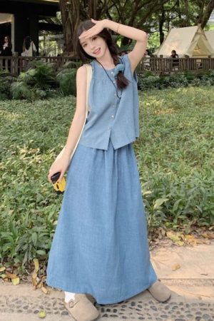 New Summer Sleeveless Ice Silk Denim Blue Vest Skirt Two-piece Set For Women
