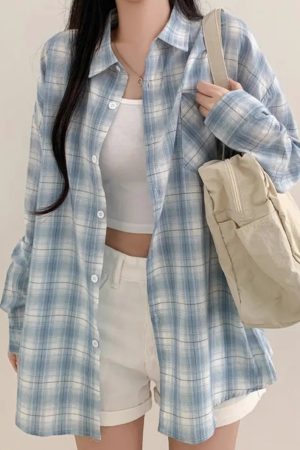 Blue Plaid Shirt For Women Loose Long Sleeve Jacket