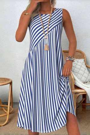 Summer Blue And White Striped Casual Loose Dress