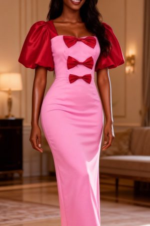 Fashionable Contrasting-Color Bow-Detailed Satin Puff-Sleeve Dress