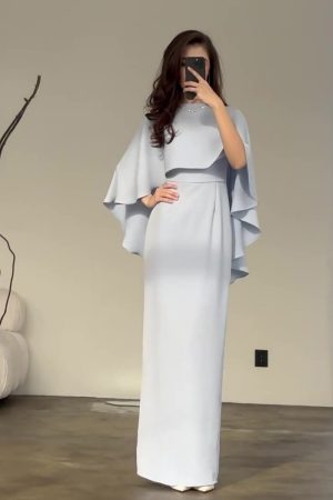 Light Blue Satin Bat Shawl Waist-controlled Long Sleeves Dress