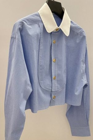 Womens New Blue Lapel Shirt A Niche Designer-Style Short Top