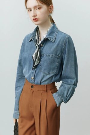 Blue Soft Denim Shirt Jacket Women's Long Sleeve Bandage Dress Top