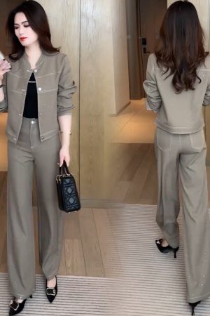 Cropped Standup Collar Jacket And Highwaisted Pants Twopiece Set