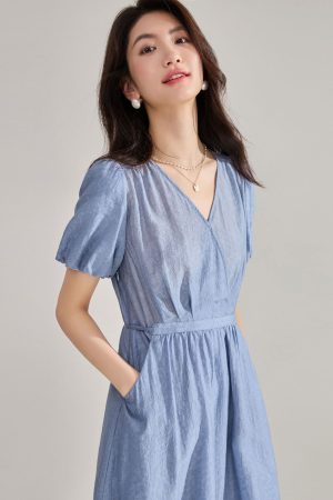 Blue Tencel Jacquard Gentle Temperament Dress