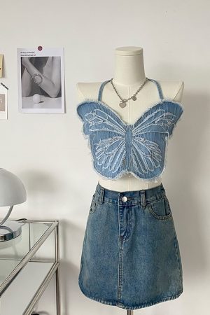 Embroidered Camisole With Butterfly Theme Sexy Blue Stage Performance Top For Girl Groups
