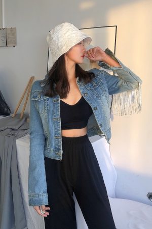 Rhinestone Body Light Blue Lapel Slim Denim Jacket