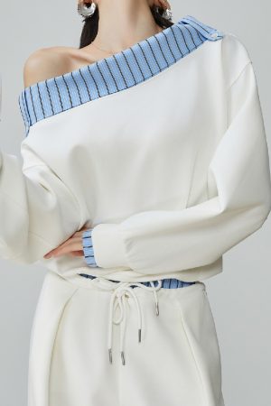 Two Piece Set Of Blue And White Striped Collared Sloping Shoulder Hoodie And Wide Leg Pants