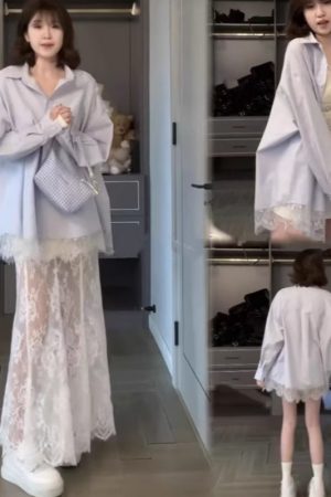 Blue Shirt Stitching Lace Skirt Two-piece Set