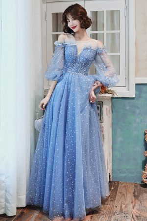 Banquet blue long sleeve evening dress