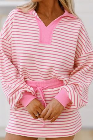 Stripe Collared V Neck Drop Shoulder Pullover And Skort 2pcs Outfit