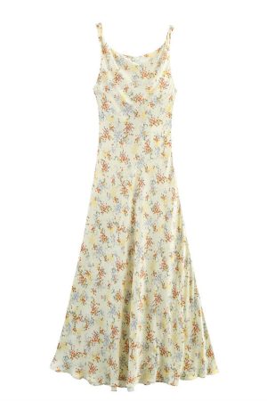 New Summer Ethnic Style Floral Silk Satin Texture Printing Slip Dress