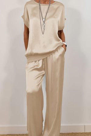 Women's Satin Drape Two-piece Set Short-sleeved Top  Wide-leg Pants Set, High-end Casual Home Wear
