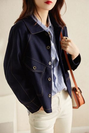 Women's Short Dark Blue Denim Jacket Loose Casual Top