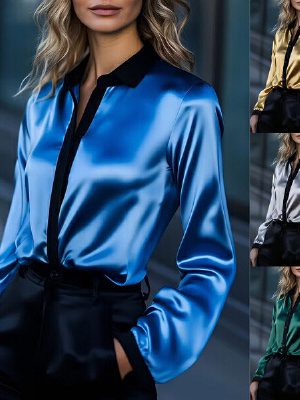 Womens Casual Loose Satin Color-Block Long-Sleeve Shirt