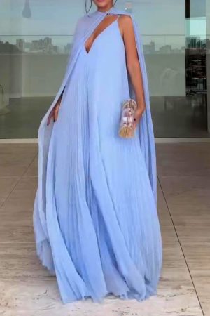 Light Blue Pleated Maxi Dress & Cape Two-piece Set